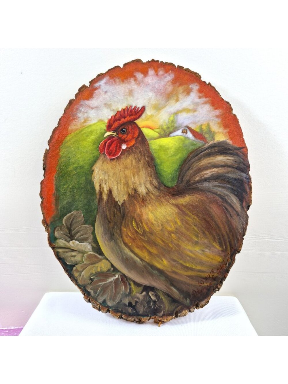 Hand Painted Rooster Wood Slice Live Edge Folk Art Signed 2014 Farmhouse Decor